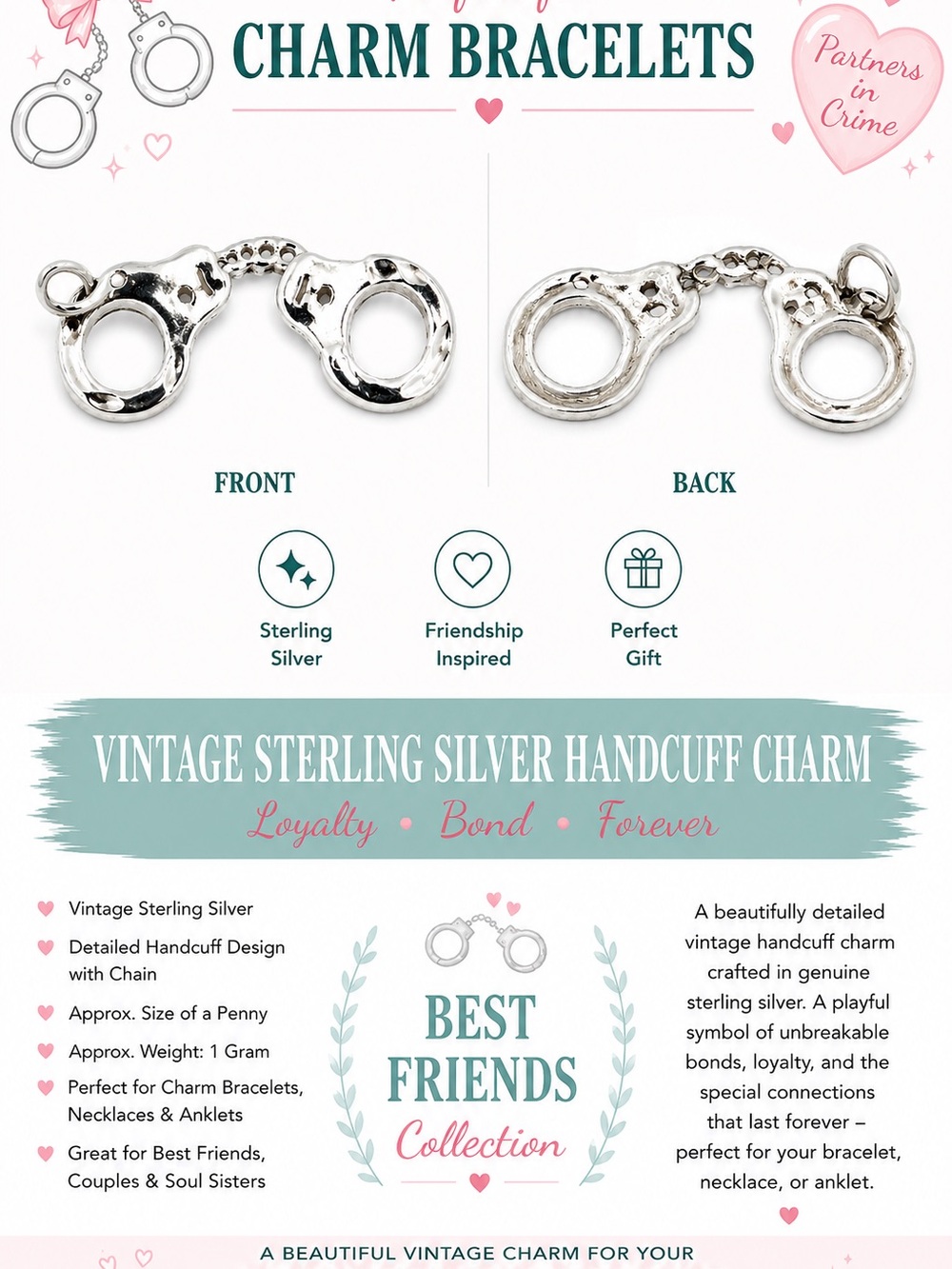 Vintage Sterling Silver Handcuff Charm for Charm Bracelets - Silver